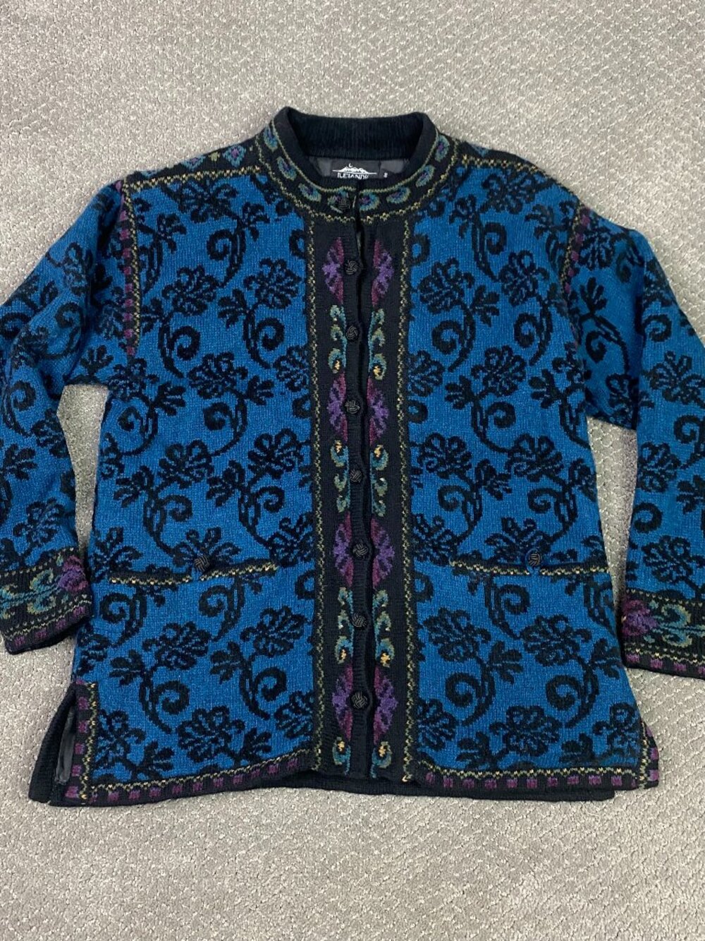 Icelandic Design Cardigan Sweater Womens Small Teal Blue Wool Fair Isle Vintage
